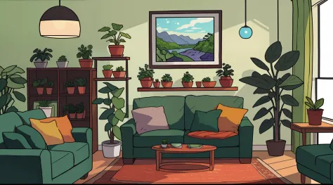 green livingroom, plants, view from eye level