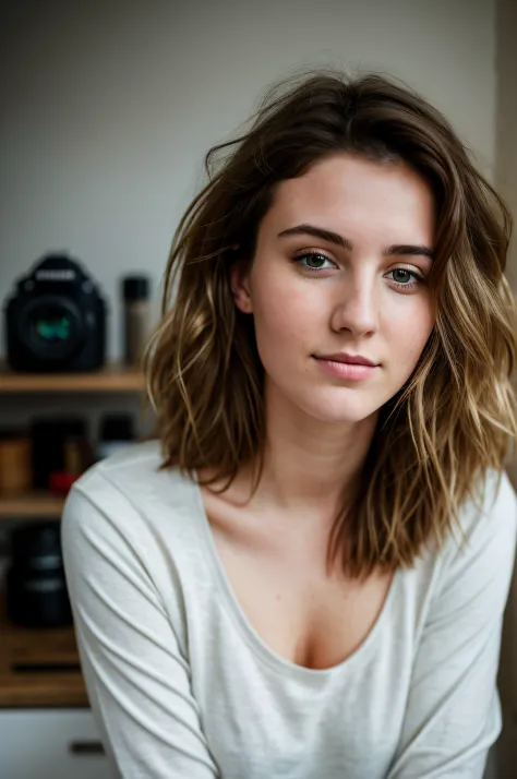 RAW photo, 24 year old Welsh woman, casual clothes, messy hair, slim build, at home, shallow depth of field, (high detail skin: 1.2), 8k uhd, DSLR, soft light, high quality, film grain, 20mp, Fuji XT3 , 80mm, Hasselblad