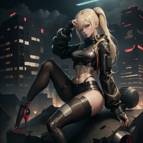 there is a woman in a futuristic suit sitting on a ledge, cyberpunk anime girl mech, digital cyberpunk anime art, cute cyborg gi...