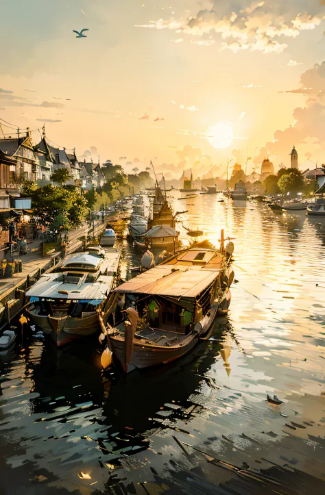 boats are docked on the water in a city at sunset, in the evening, thailand, filtered evening light, morning golden hour, shutte...
