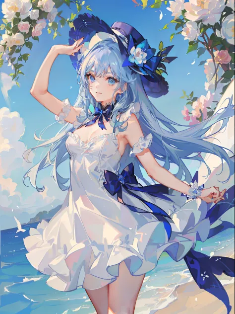 tmasterpiece，Highest image quality，1girll，cabellos largos dorados，blue color eyes，Hats，White slip dress，Bow knot，flower  sea