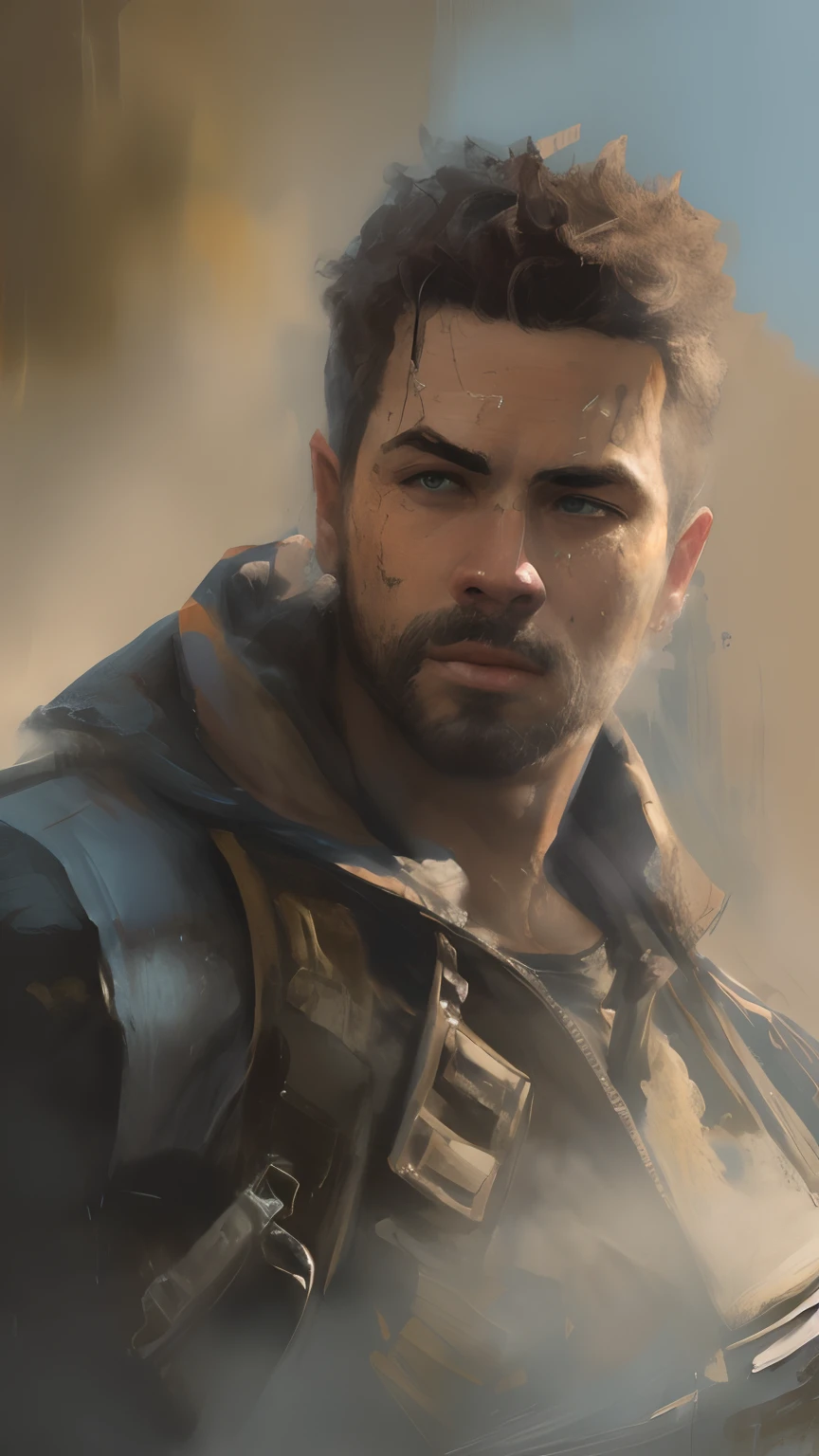 a painting of a man with a spiked head and a jacket, Estilo Craig Mullins, craig mullins dappled lighting, Craig Mullins Greg Rutkowski, inspirado em Craig Mullins, Directed by: Craig Mullins, Craig Mullins Nekro, Craig Mullins Chave Escura, James Gurney Estilo de pintura, Wojtek FUS, Artgerm Craig Mullins, Craig Mullins 8 K