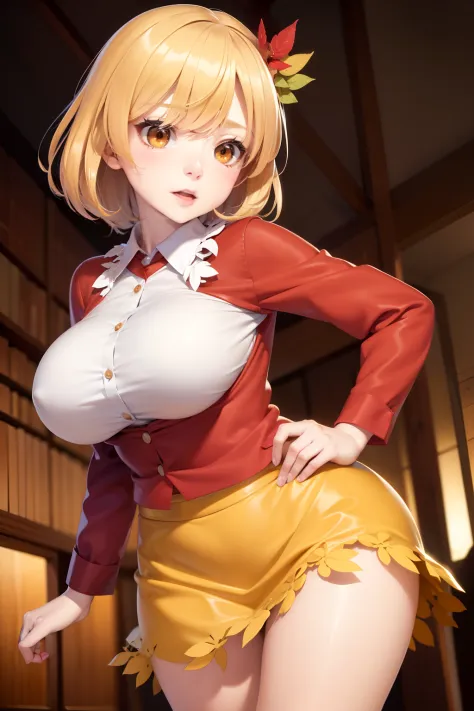 (masutepiece),Best Quality, Expressive eyes, Perfect face, 1girl in,Big Breast, H-cup, good breasts, put hands on the hip,Beautiful, Floating clothes, Autumn Shizuba,Aki Shizuha, Blonde hair, Short hair, Yellow eyes, leaf hair ornament,Red Shirt,Skirt,Long...