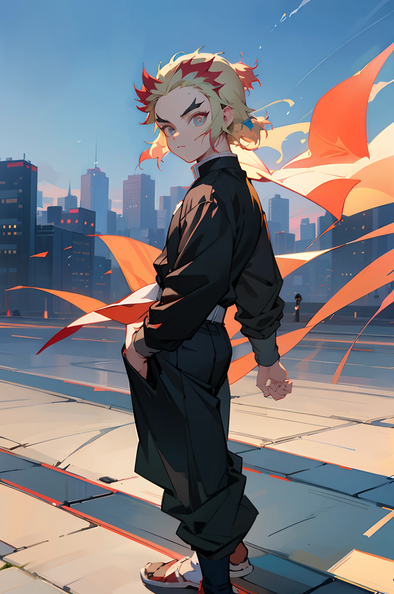 1 boy, wearing a black jacket, city background, wearing baggy clothes, walking on street, blue sky, high reaolution, ultra sharp, 8k, masterpeice, Demon Slayer, looking at viewer, anime boy, hyper detailed