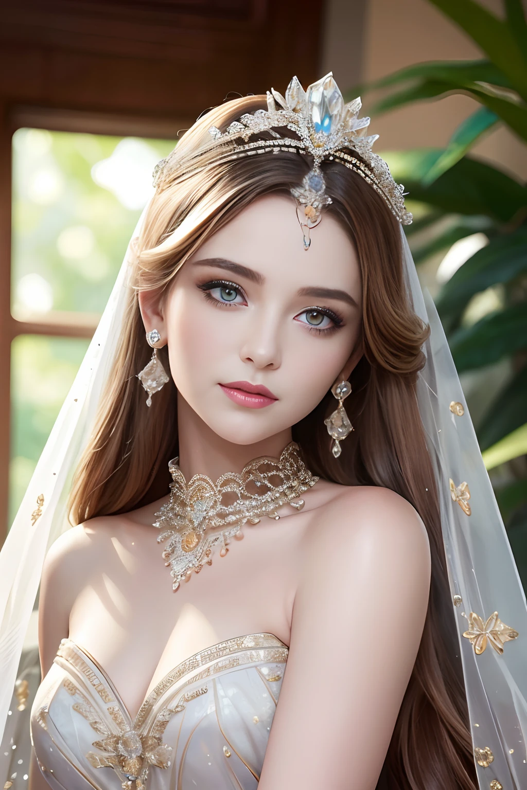 Masterpiece，Highest high resolution，Dynamic bust of beautiful royal lady，Long white hairstyle，Amber clear eyes，The hair is covered with beautiful and delicate floral craftsmanship, Crystal jewelry filigree，Ultra-detailed details，upscaled。