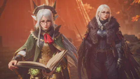 Two beauties in costumes，wears glasses，Hold the book, medium shot of two characters, in monster hunter armor, fantasy style 8 k ...