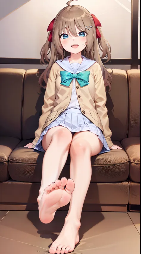 1girl,evil smile,open mouth,brown hair,cyan-blue eyes,young girl,sitting,bare feet,reach out feet,bare feet,2feet,feet,five toes,looking down,beige sailor jacket,white skirt,green bow on chest,two side up,red hair ribbon, sweating,