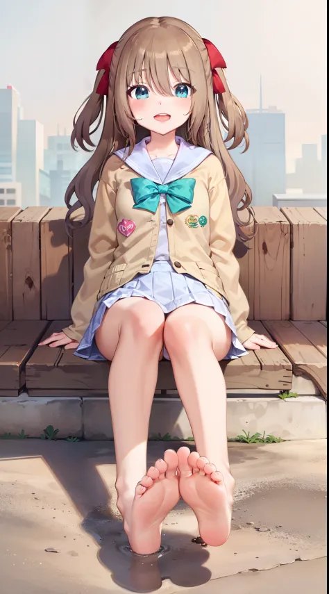 1girl,evil smile,open mouth,brown hair,cyan-blue eyes,young girl,sitting,bare feet,reach out feet,bare feet,2feet,feet,five toes,looking down,beige sailor jacket,white skirt,green bow on chest,two side up,red hair ribbon, sweating,