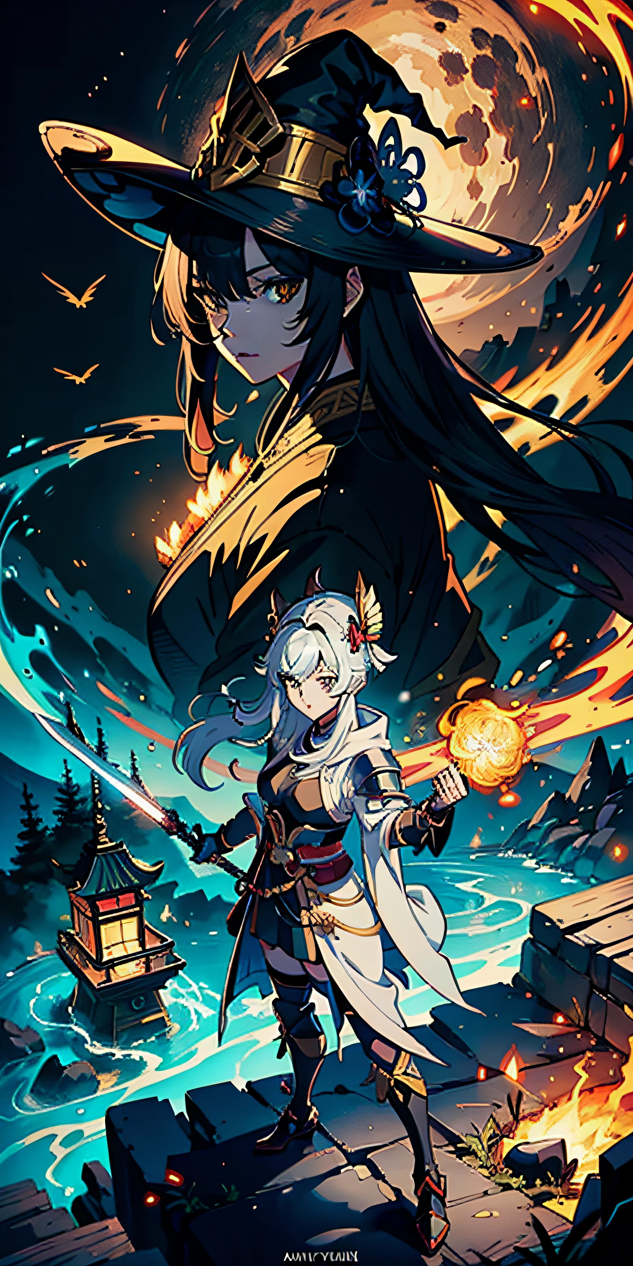 Anime figure，Dark villain，Beauty side face，Long hair flying，（gold
Color headdress），Two teenage girls back to back，（Simple head
helmet）Spark ashes burn，The samurai held a sword，Wear contrasting armor，The whole picture of the witch and the witch skeleton,(standing full-body），（（Faraway view））,（HD8K），ultra-wide-angle，The background is gorgeous，the original god，demon anime girl，Angel anime girl，fantasy paladin man，Dragon Knight，Spread your black feathered wingobile Genshin Impact，Anime 8K，Anime fantasy insertion，Genshin Impact，Tough and cold character，Detailed key anime art，Ayaka Genshin impact，onmyoji portrait，Close-up of shooting random weapons，Comic book epic artwork，Epic fantasy digital art style，Epic fantasy art style，8K high quality detailed art，Epic fantasy art style HD，Faraway view，Behind him，This is a golden glowing magic array。，Purify the flame，HD anime visuals，full portrait of magical knight