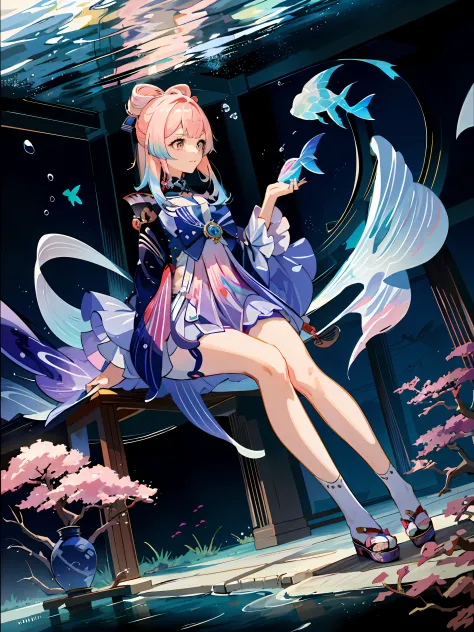 kokomi (genshin impact), 1 girl (Solo:1.4), pink hair, iridescent pastel colors, underwater playing with fish, lots of fish on b...