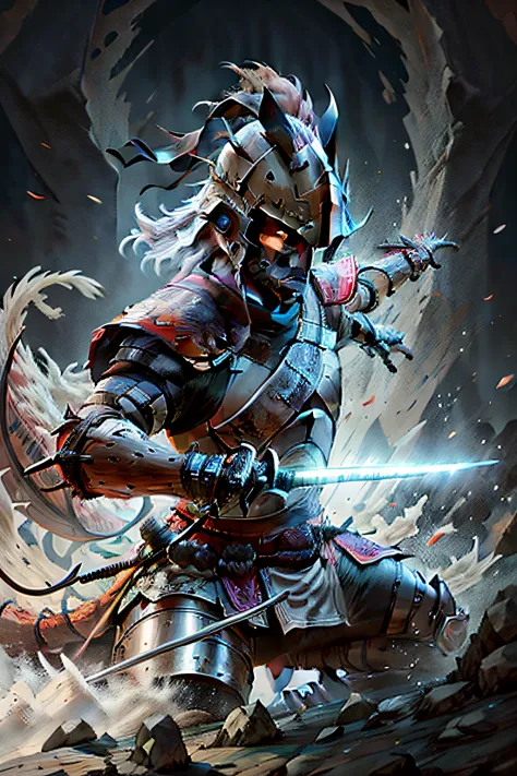 A Japanese samurai wearing armor and helmet and holding a katana to slash and kill enemies