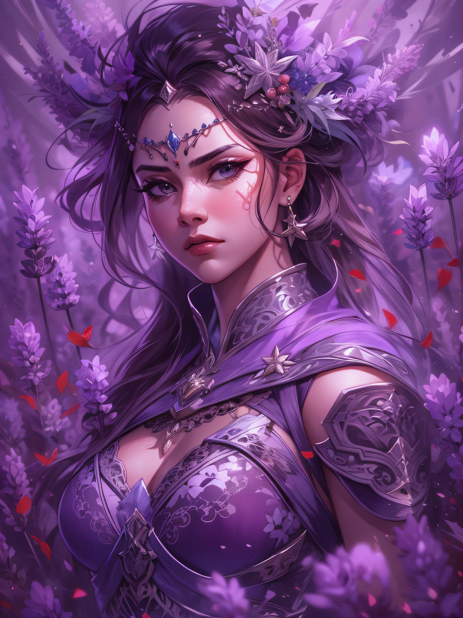 Drawing cover, Lavender Warrior Princess, The expression is serious, close-up intensity, Masterpiece, Best quality, Ultra-detailed, cinematic beautiful lighting, Intricate details, view the viewer, Depth of Field - AR 2:3-second 200