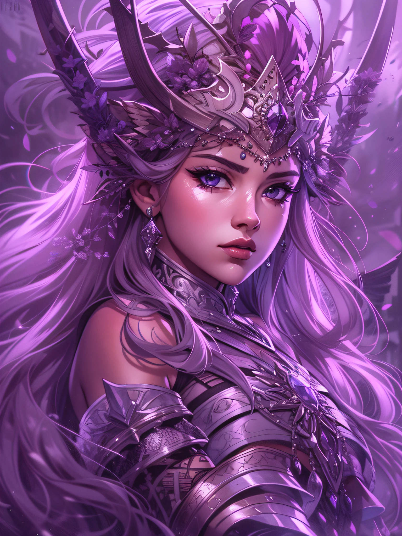 Drawing cover, Lavender Warrior Princess, The expression is serious, close-up intensity, Masterpiece, Best quality, Ultra-detailed, cinematic beautiful lighting, Intricate details, view the viewer, Depth of Field - AR 2:3-second 200