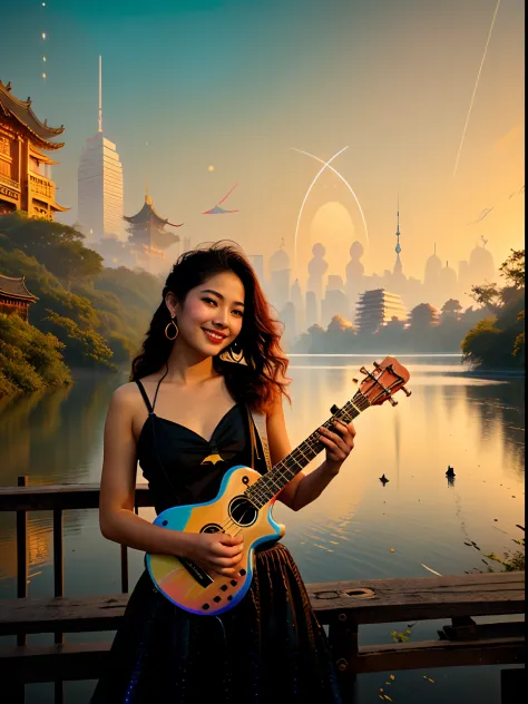 With sunset, The river in the background sparkles, at a beautiful sunset,A young and energetic Asian woman, late sunset, delight...