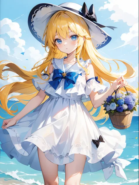 tmasterpiece，Highest image quality，1girll，Yellow hair，blue color eyes，bucket-hat，White slip dress，Bow knot，flower  sea