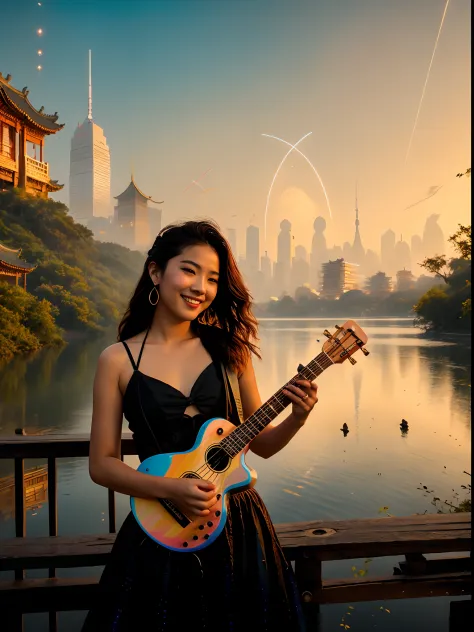 with sunset, the river in the background sparkles, at a beautiful sunset,a young and energetic asian woman, late sunset, delight...