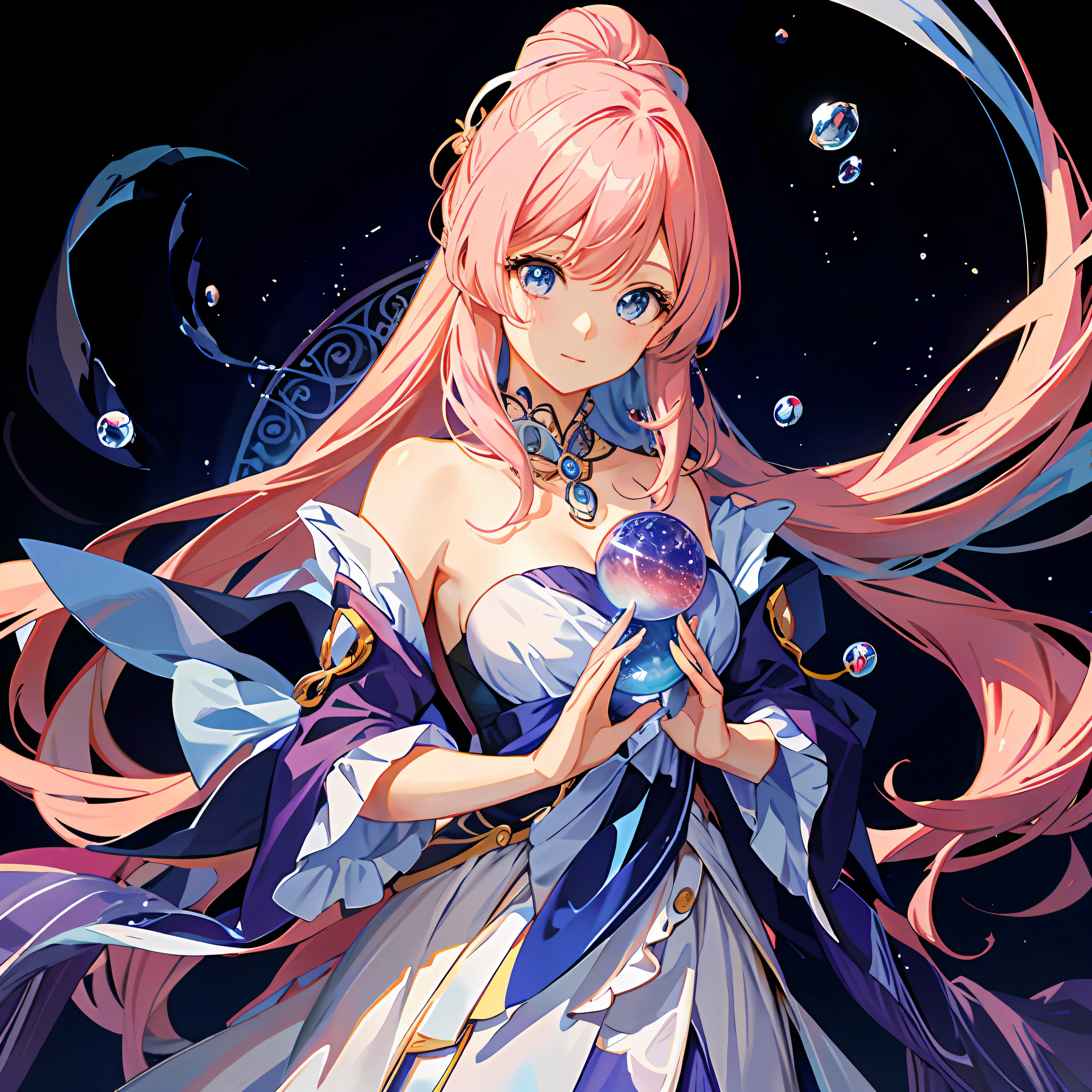 Anime girl with pink hair and blue eyes holding a crystal - SeaArt AI