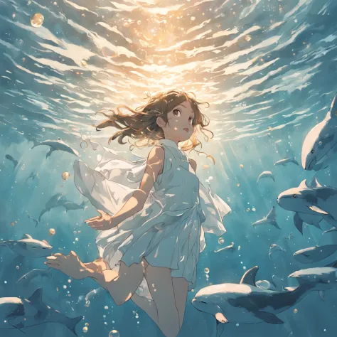 illustration：Girl in white swimming with whales at the bottom of the sea，The whale jumps out, The bubbles around the surface of the water slowly rise，Sunlight slanting, Golden hour,