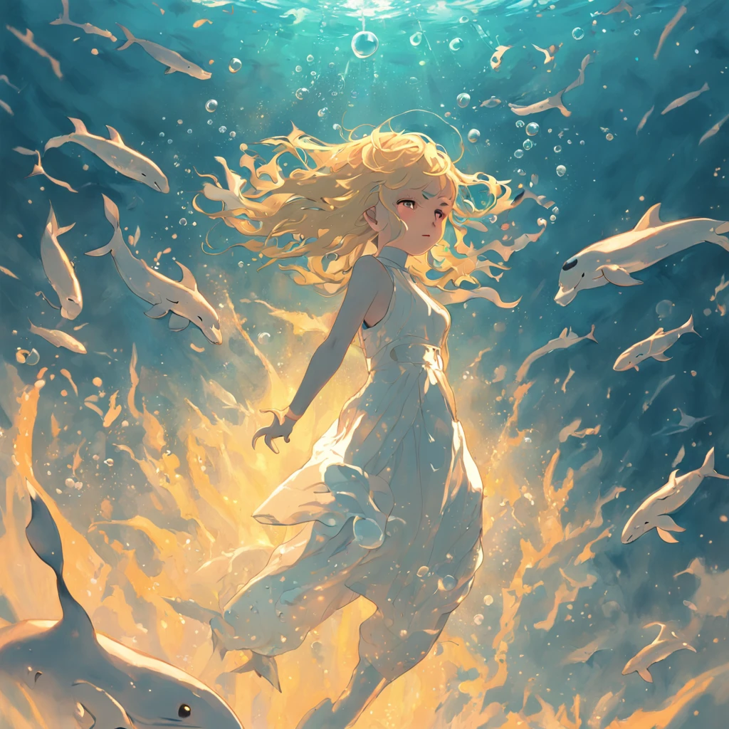 Иллюстрация：Девушка в белом плавает с китами на дне моря，Кит выпрыгивает, Пузырьки вокруг поверхности воды медленно поднимаются.，Косой солнечный свет, золотой час,