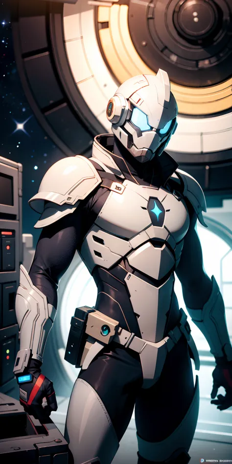 "Man in Marvel Combat Machine Armor on a Space Base", armadura enferrujada:0.9, galaxy, foto profissional:1.3)