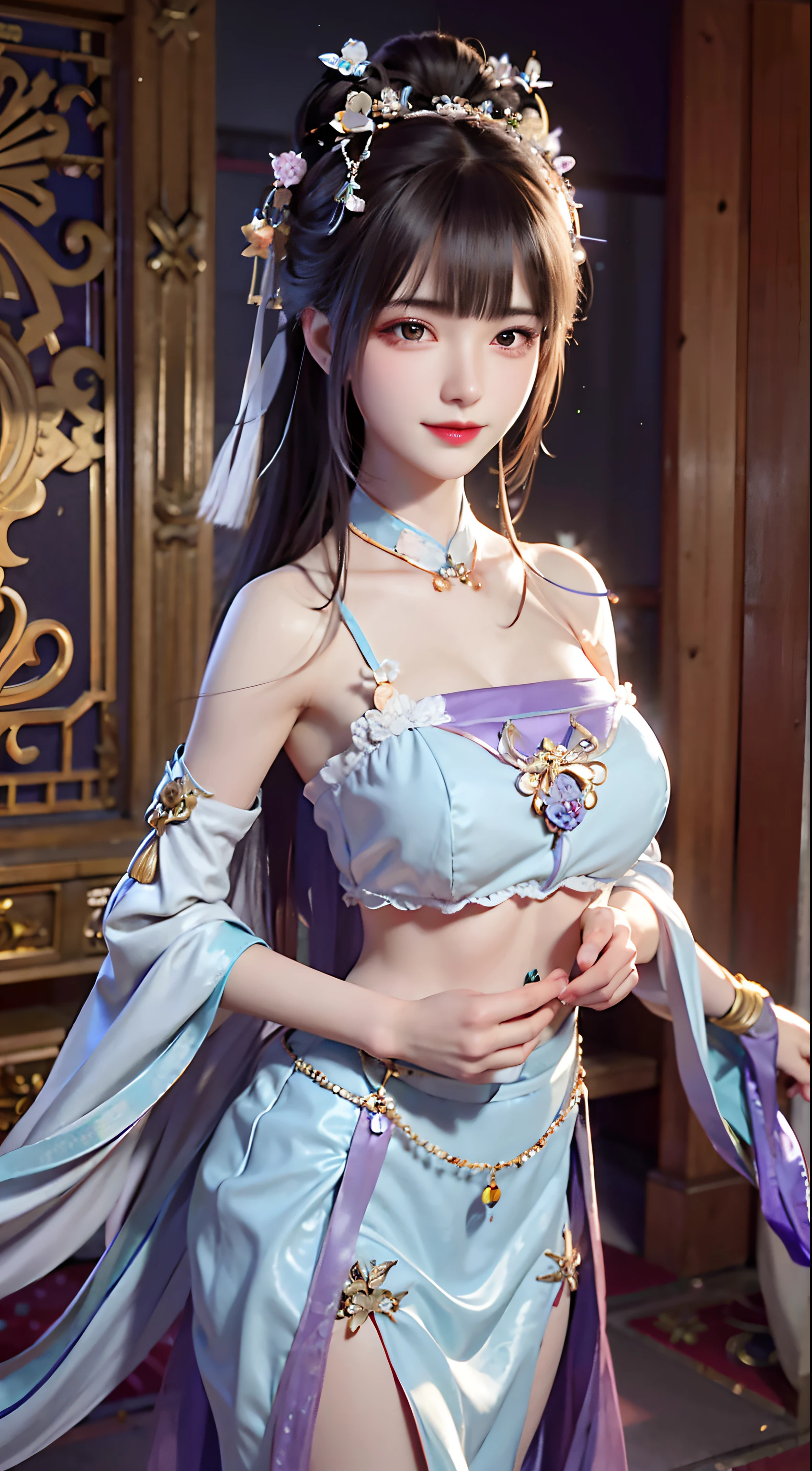 A woman dressed in blue and purple poses for a photo, Palace ， A girl in Hanfu, full-body xianxia, a beautiful fantasy empress, zhongli from genshin impact, Keqing from Genshin Impact, Anime goddess, Inspired by Lan Ying, trending on cgstation, beautiful and elegant elf queen, trending at cgstation