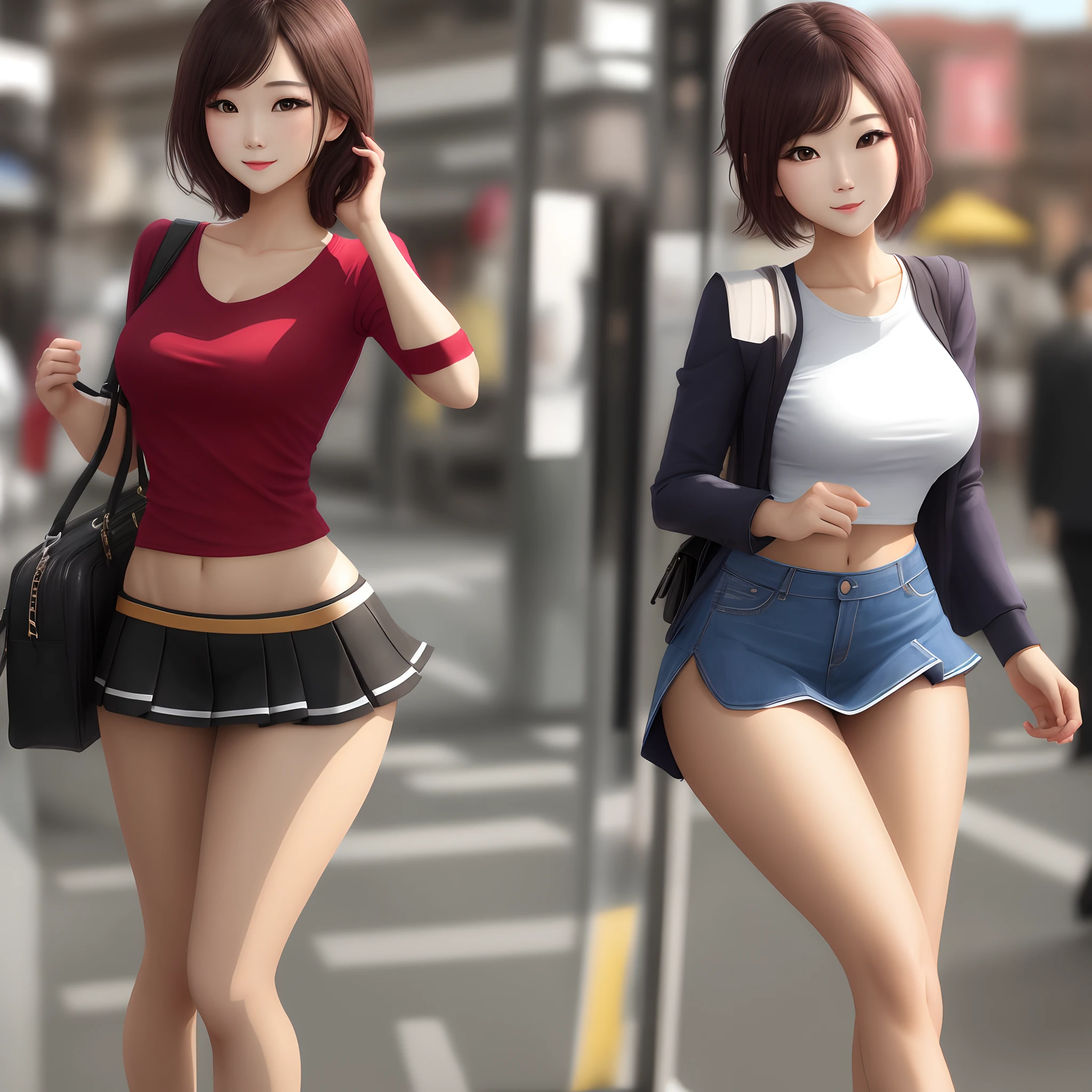 Two women in short skirts walking down a street next to a crosswalk -  SeaArt AI