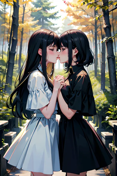 Two girls，Same stature，One black hair and one blonde，Hold each other，The two bodies are close together，Kiss，at a forest