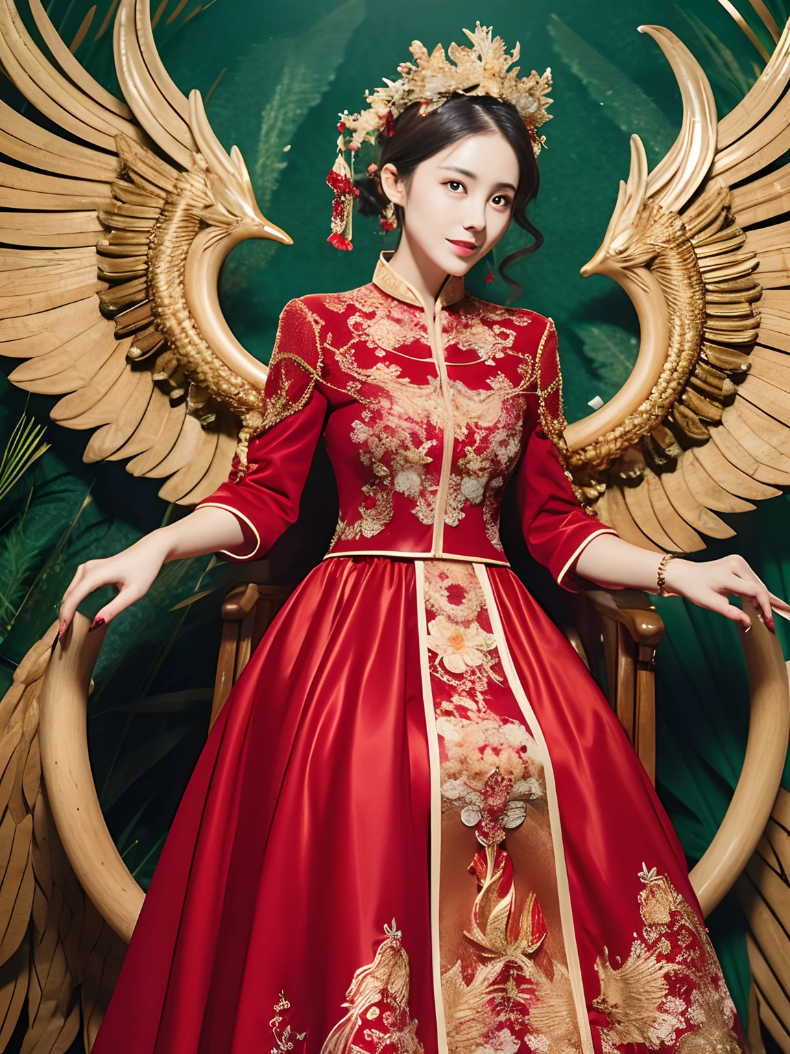 женщина в красно-золотом платье, корона феникса，обрезанные плечи，Часть, закрывающая руку