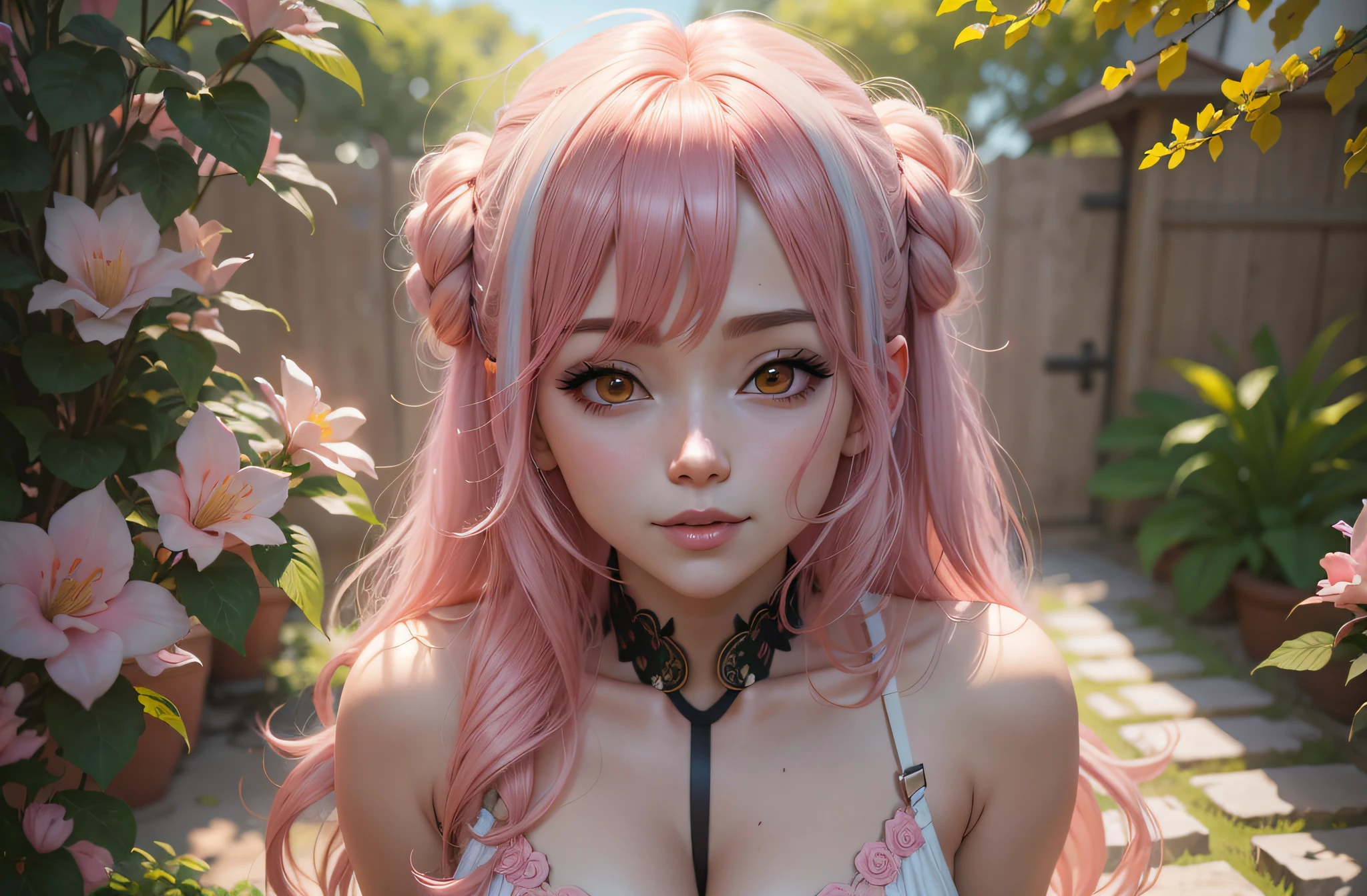 There is a woman with pink hair and a pink dress posing for a photo, photorealistic anime girl rendering |, Realistic 3D anime style, hyper realistic anime, photorealistic anime |, 3 d realistic anime, kawaii realistic portrait, soft portrait shot 8 k, realistic anime artstyle, anime realism style, Art not Guweiz style, pink hair with blonde highlights, Grinning