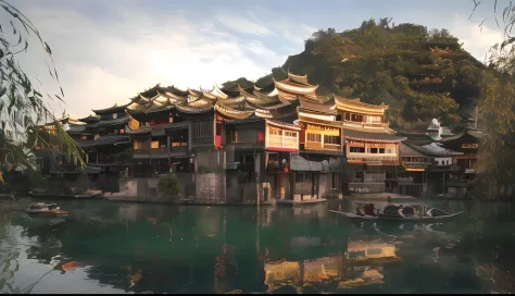 There is a boat floating in the water near the building, dreamy Chinese towns, like jiufen, Chinese village, Ancient Chinese arc...