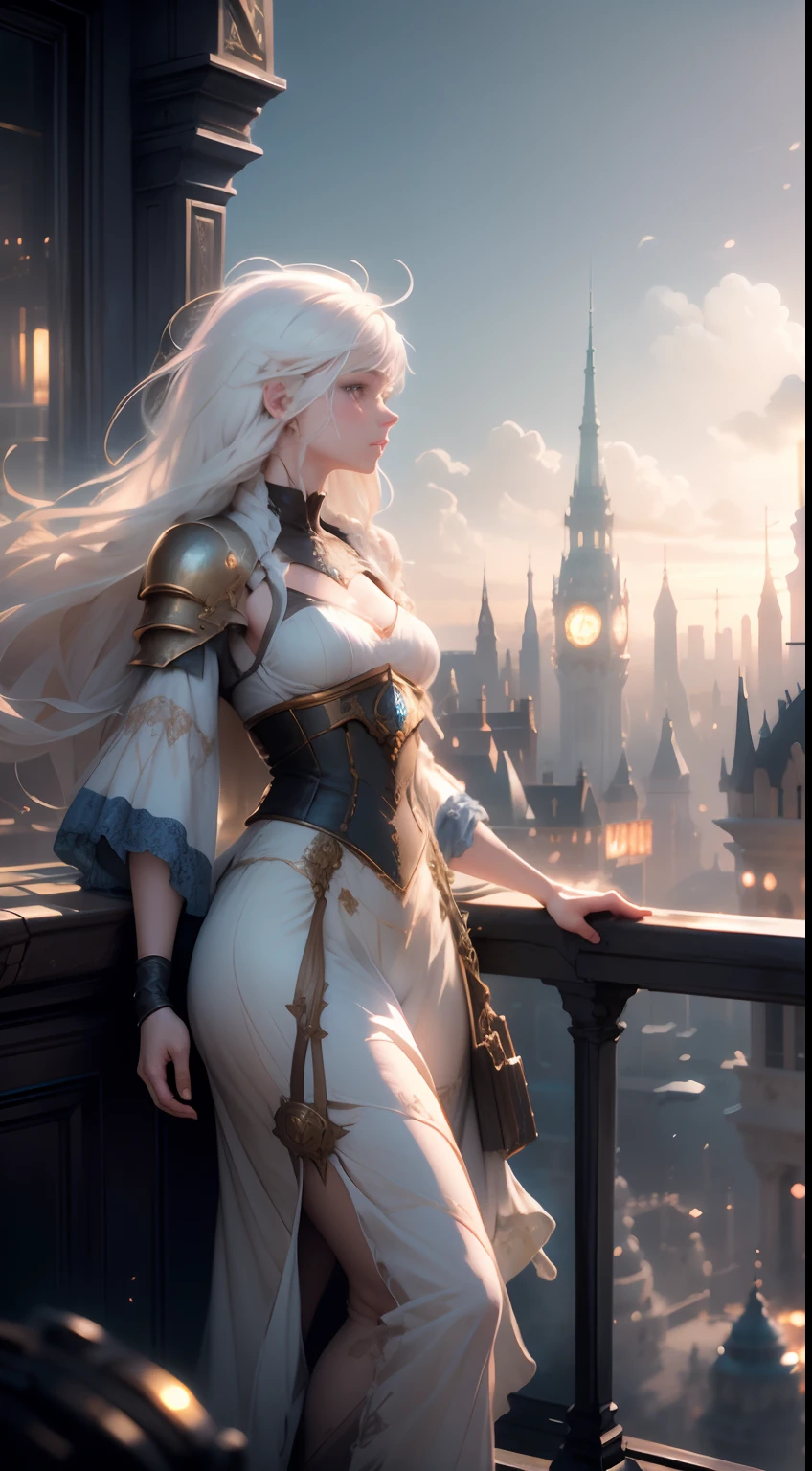 Beautiful impressionist painting Final Fantasy White-Haired Princess overlooking the city, fantasy, Bright, Dramatic, Beautiful lighting, Jeremy Mann's fusion with Jean-Baptiste Monge and Dalek Zabroki, Aaron Griffin, Lots of details, High quality, Detailed, Refined, Beautiful, absurderes, Masterpiece