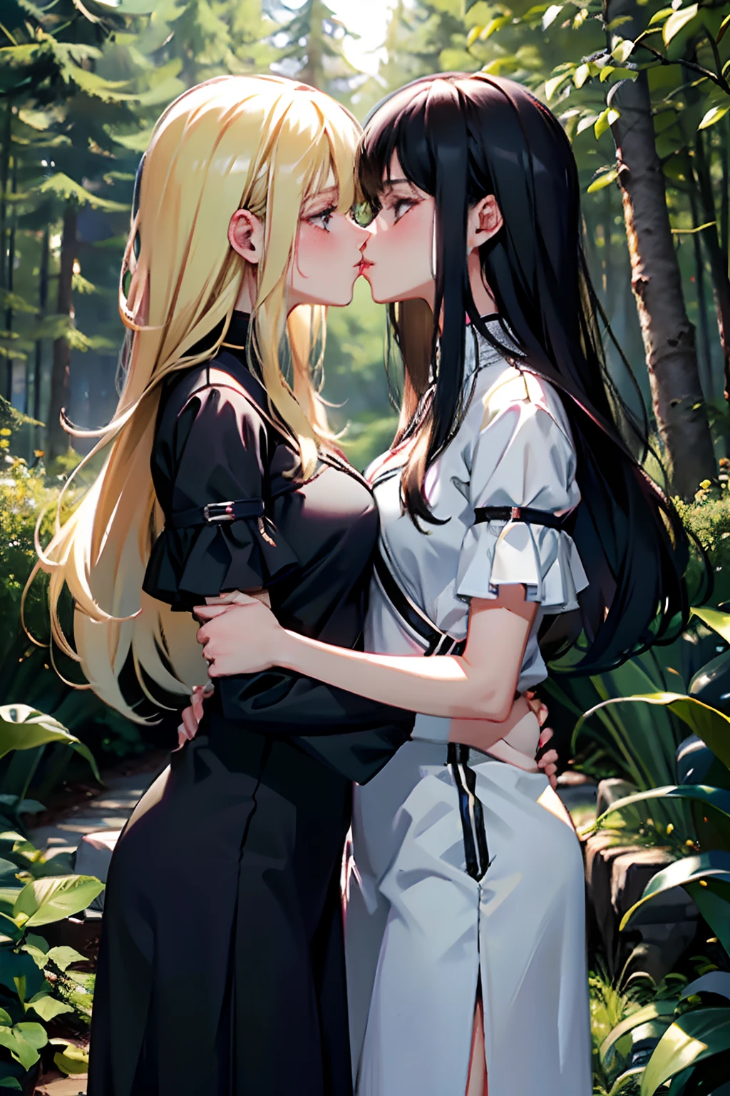 두 소녀，같은 키，검은 머리 하나와 금발 하나，서로를 붙잡아라，두 몸은 서로 가깝다.，키스，숲에서