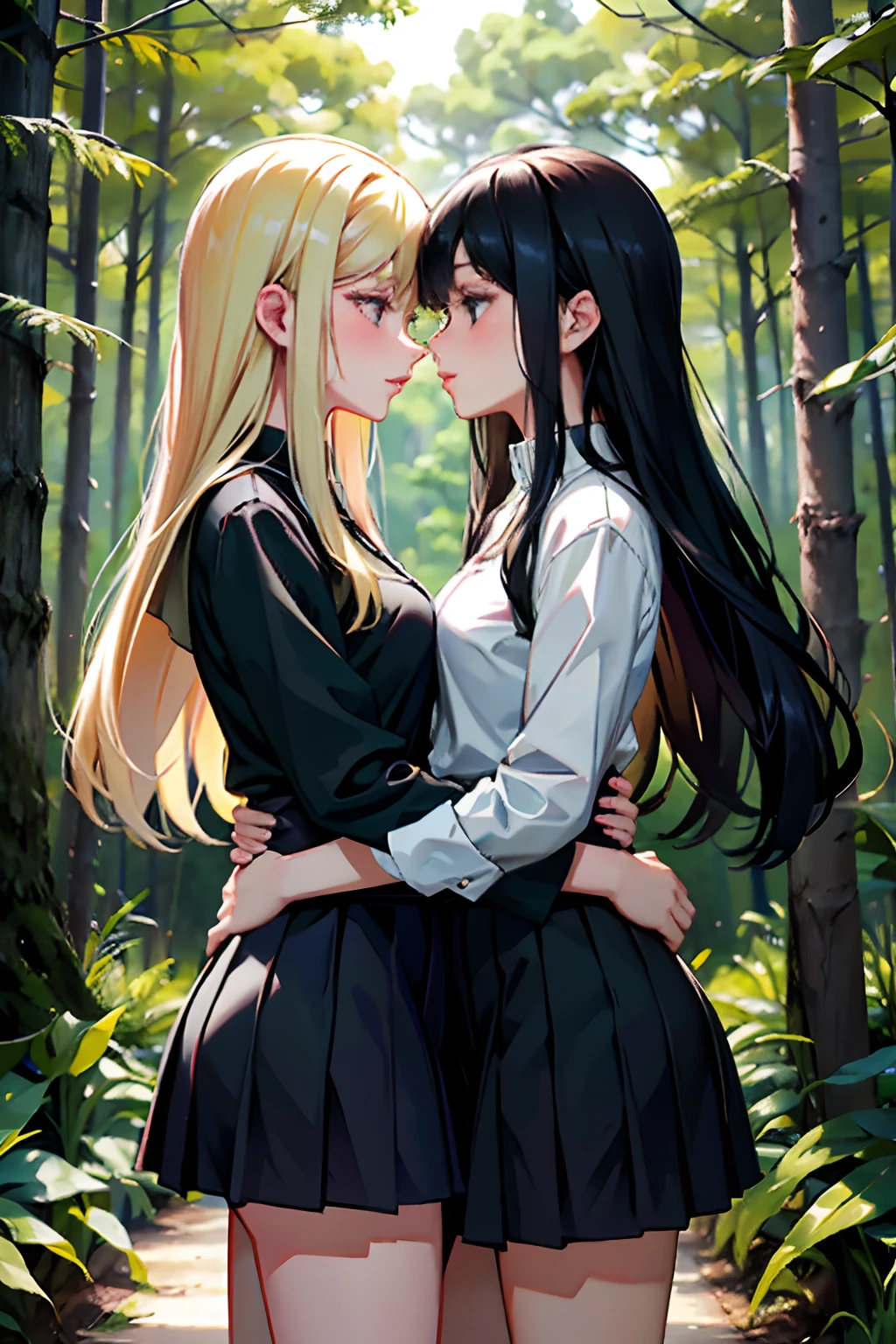 deux filles，Même stature，Un cheveux noir et une blonde，Tenez-vous les uns les autres，Les deux corps sont proches l&#39;un de l&#39;autre，baiser，dans une forêt