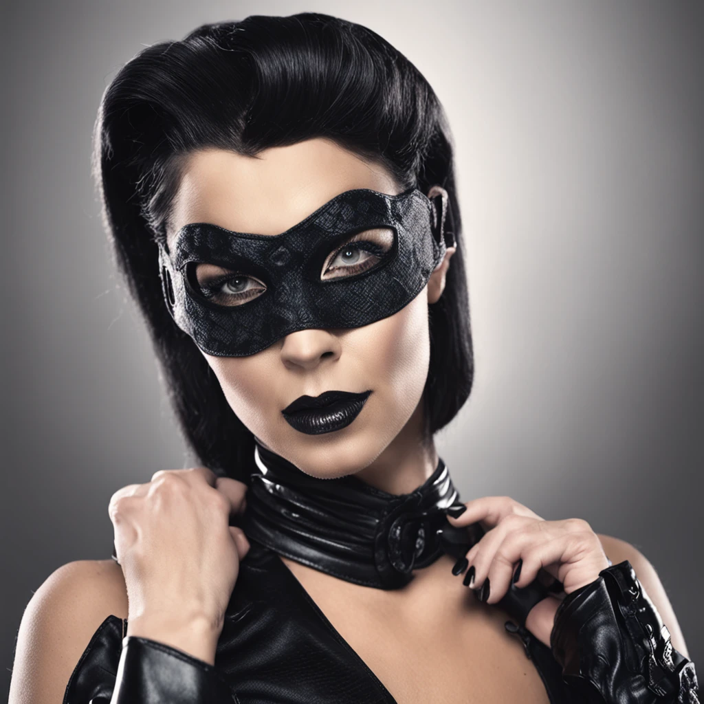 A close up of a woman wearing a black cat mask and leather gloves - SeaArt  AI