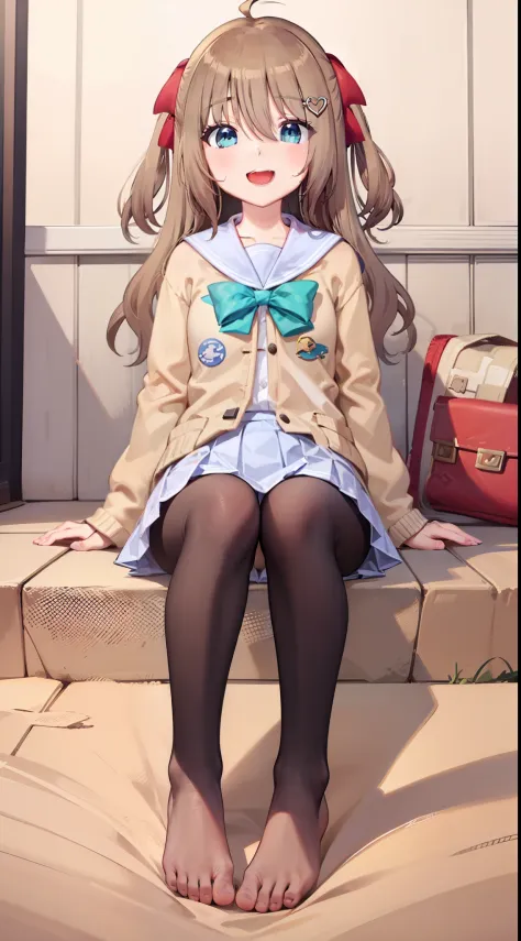 1girl,evil smile,open mouth,brown hair,cyan-blue eyes,young girl,sitting,bare feet,reach out feet,bare feet,2feet,feet,（five toes1.5）,looking down,beige sailor jacket,white skirt,green bow on chest,two side up,red hair ribbon, sweating,