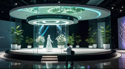 Enclosed indoor space, White ground，Lawn and flowers，, High-end pension industry exhibition hall, High-tech exhibition hall of health care industry, Nature meets technology, The indoor forest integrates a variety of high-tech display equipment and interact...
