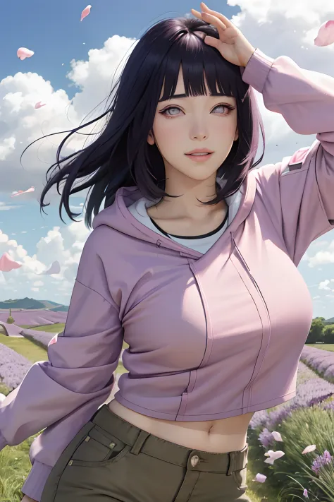 masterpiece, absurdres, hinata\(boruto\), 1girl, solo,mature female, purple hoodie,layered sleeves, brown pants,  outdoors,laven...
