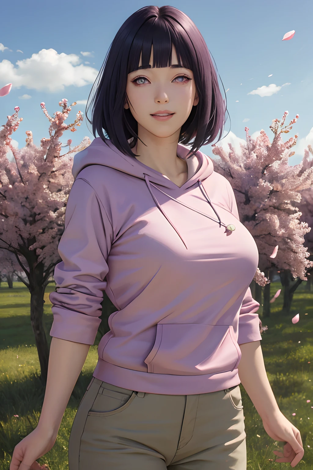 masterpiece, absurdres, hinata\(boruto\), 1girl, solo,mature female, purple hoodie,layered sleeves, brown pants,  outdoors,lavender flower field, looking at viewer, (falling petals), cloudy sky, perfect composition, detailed lips, big breast, beautiful face, body propotion, blush, (pink lips), long hair,  purple eyes,  soft gaze, sad smile,  super realistic, detailed, photoshoot, realistic face and body,  realistic hair, realistic eyes, realistic nose, realistic lips