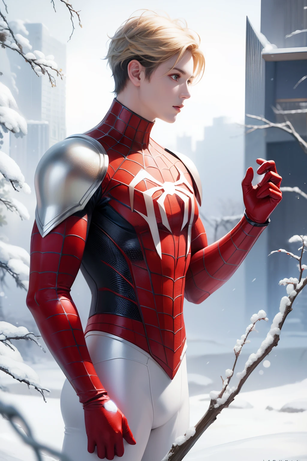 Spider-Man is all over white, Gold and red armor set, On a white snow forest, Snow falls on the armor, Sin shines on the armor suit, Ultra photo realsisim, Photorealistic, 8K, an award winning photograph