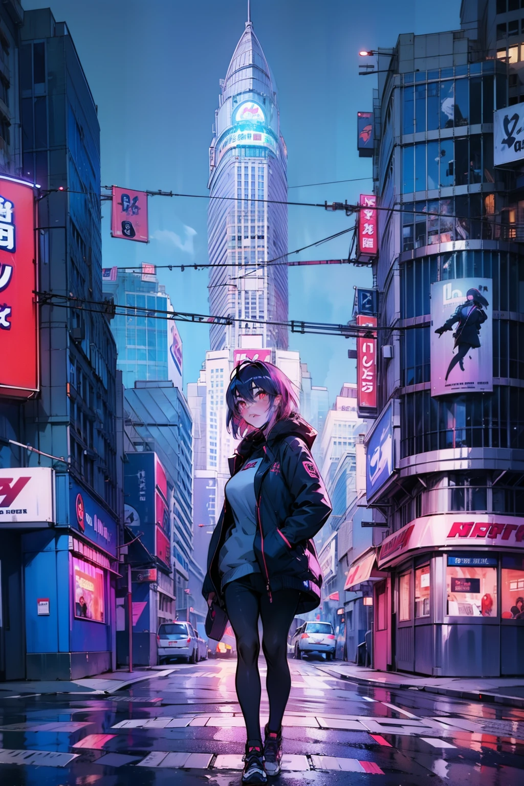 close up of girl standing in street at night, tall buildings, neon lights