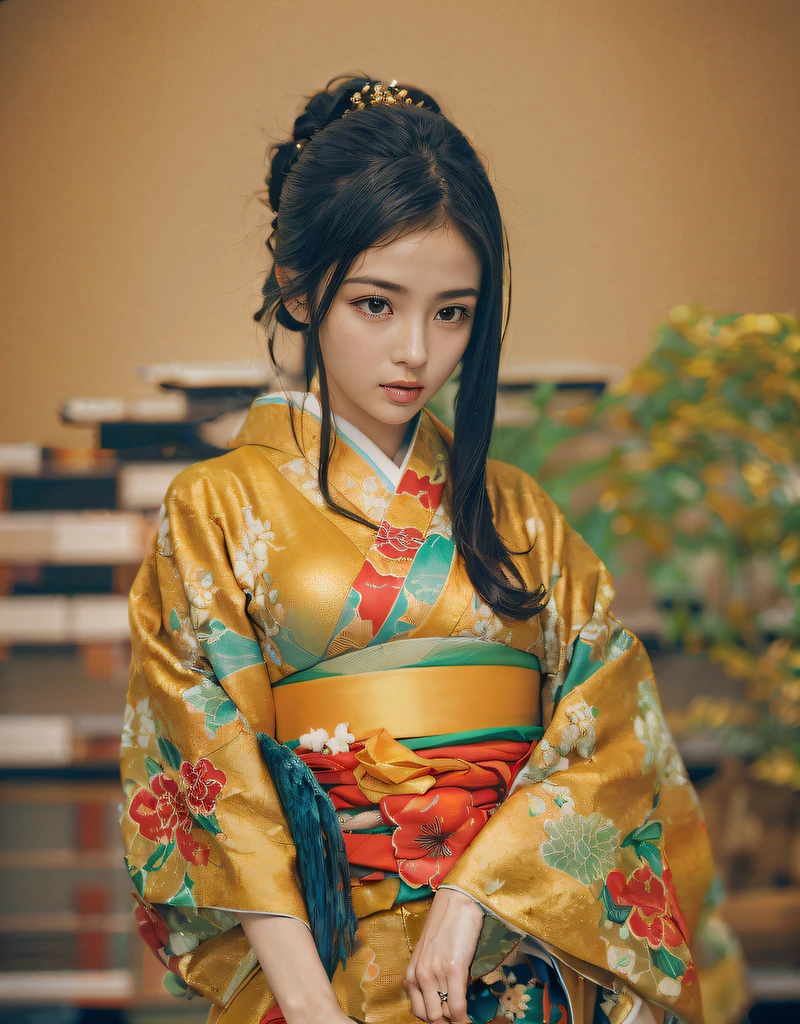 (Beautiful model in Japanese kimono commercial, beautiful straight long black hair), ((super detailed and incredibly high resolution Golden Kimono:1.2)), ((((Very large drooping breasts that can be seen even from the top of the kimono, ripe breasts):2))), (((Large drooping breasts that weigh heavily on the Obi):2)), striking body shape, curvy and very attractive woman, high-resolution RAW color photo pro photo, BREAK ultra high-resolution textures, High-res body rendering, unparalleled masterpiece, incredible high resolution, super detailed, stunning ceramic skin, BREAK ((Wearing a Rinpa kimono that uses a lot of glittering golden:1.5)), ((The main color is golden and the Rinpa Kimono has very colorful embroidery:1.2)), (Half-collar and Obi are dark blue) ,(elaborately made classical Japanese Rinpa-style Kimono), ((The embroidery pattern is a peacock, a running water pattern, and colorful flowers):1.2), ((elaborately and elegantly decorated Golden Kimono)), (Take a photo in front of a Rinpa folding screen with a golden-coloured, navy-blue flowing water pattern)) BREAK ((Best Quality, 8k)), Crisp Focus:1.2, (Layer Cut, Big:1.2), (Beautiful Woman with Perfect Figure:1.4), (Beautifully shaped breasts:1.5), Slender waist, (Correct hand shape:1.5), (Full body shot | cowboy shot)