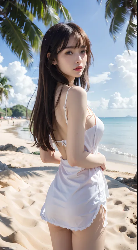 tmasterpiece， beuaty girl， Detailed eyes， good eyes looking， Best quality at best， hyper HD， （Realistis： 1.4）， cinmatic lighting， a asian beauty， China，Chinese woman with lightweight fabric（（（Summer slip dress））），brunette color hair，（The large：1.27），huge a...