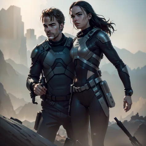 a close up action shot of epic sci fi chris pine and hot daisy ridley adventure , detailed clothing details, liquid effect, spac...