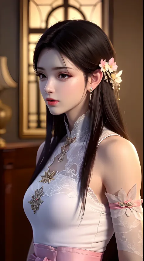 1 beautiful girl wearing ancient costumes, ((pink and light white outfit: 0.8)), long and silky black hair, hair jewelry and nec...