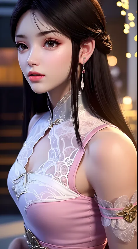 1 beautiful girl wearing ancient costumes, ((pink and light white outfit: 0.8)), long and silky black hair, hair jewelry and nec...