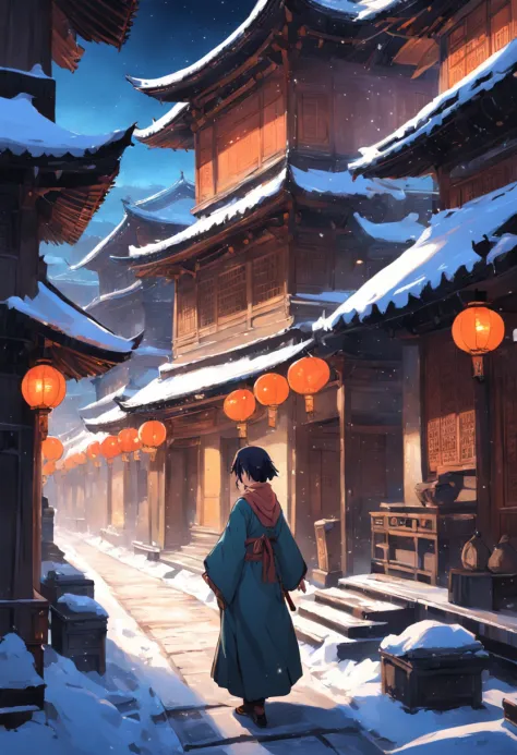 Heavy snow，A scholar walks the streets of an ancient city