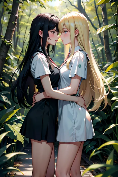 Two girls，Same stature，One black hair and one blonde，Hold each other，The two bodies are close together，Kiss，at a forest
