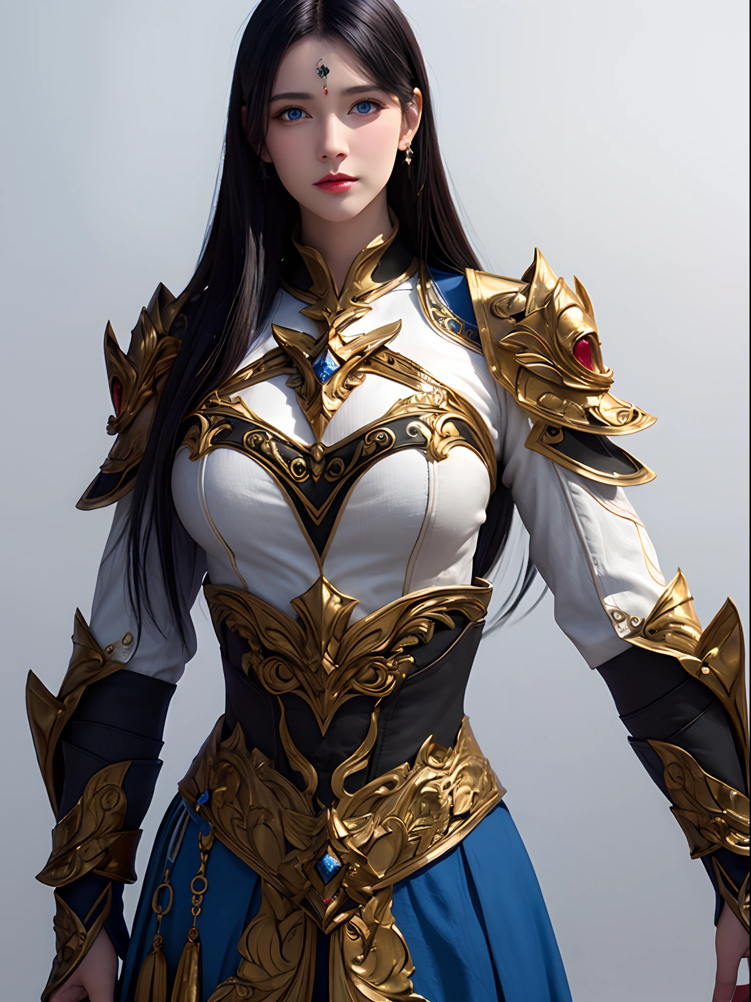 (Upper body:1.5), 1girll, Depth of field, offcial art, Unity 8k wallpaper, Ultra detailed, illustration, Beautiful and aesthetic, Masterpiece, Best quality, cavalier, (Big breasts), (A MILF, Mature female), (Black armor, Armor, chest plate), Beautiful face, (Long hair, Black hair,  Very straight hair:1.4, hime-cut:1.4), Blue eyes, Cowboy shot, Glowing skin, back Lighting, Athletic figure, Muscular female, Curvy, Wide hips, Colorful, view the viewer, Hyperrealistic, Gradient background, Dark background, outline, fantasy, From the front, aquarelle, Traditional media, (color difference, Intricate details)