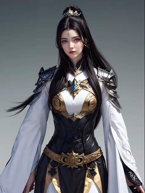 (Upper body:1.5), 1girll, Depth of field, offcial art, Unity 8k wallpaper, Ultra detailed, illustration, Beautiful and aesthetic, Masterpiece, Best quality, cavalier, (Big breasts), (A MILF, Mature female), (Black armor, Armor, chest plate), Beautiful face...