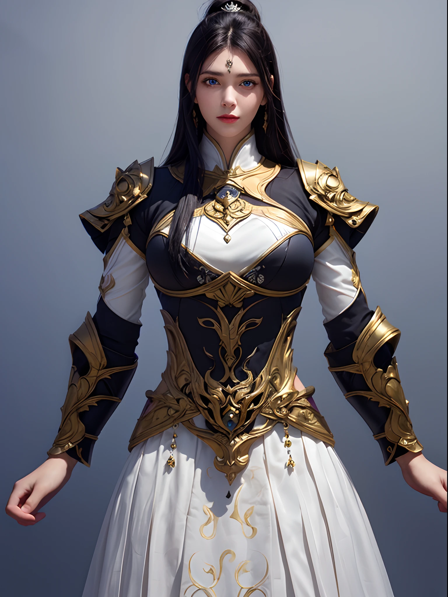 (Upper body:1.5), 1girll, Depth of field, offcial art, Unity 8k wallpaper, Ultra detailed, illustration, Beautiful and aesthetic, Masterpiece, Best quality, cavalier, (Big breasts), (A MILF, Mature female), (Black armor, Armor, chest plate), Beautiful face, (Long hair, Black hair,  Very straight hair:1.4, hime-cut:1.4), Blue eyes, Cowboy shot, Glowing skin, back Lighting, Athletic figure, Muscular female, Curvy, Wide hips, Colorful, view the viewer, Hyperrealistic, Gradient background, Dark background, outline, fantasy, From the front, aquarelle, Traditional media, (color difference, Intricate details)